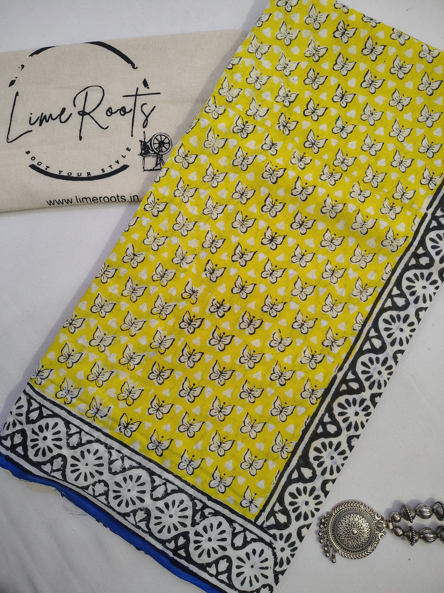 Yellow Pure cotton butterfly Handblock printed saree