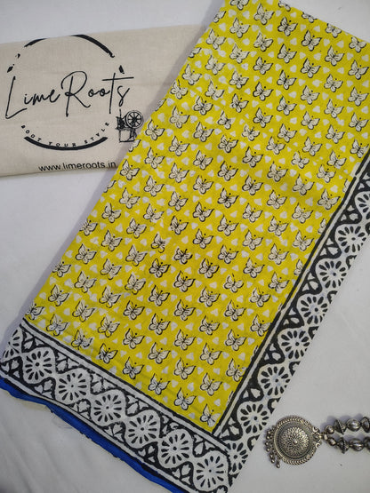 Yellow Pure cotton butterfly Handblock printed saree