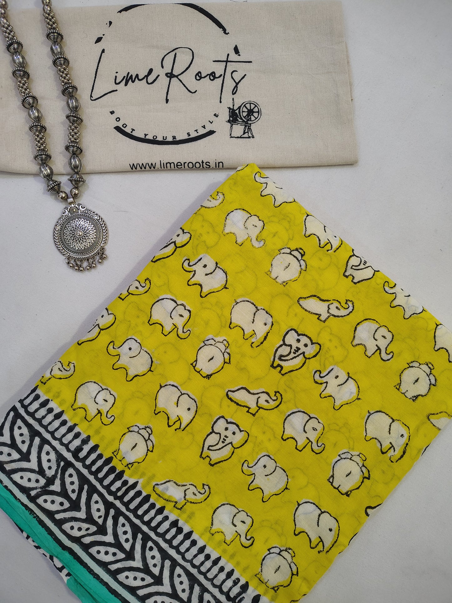 Yellow Pure cotton elephant Handblock printed saree