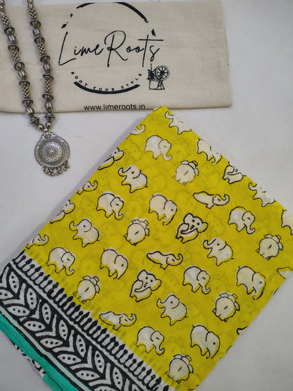 Yellow Pure cotton elephant Handblock printed saree