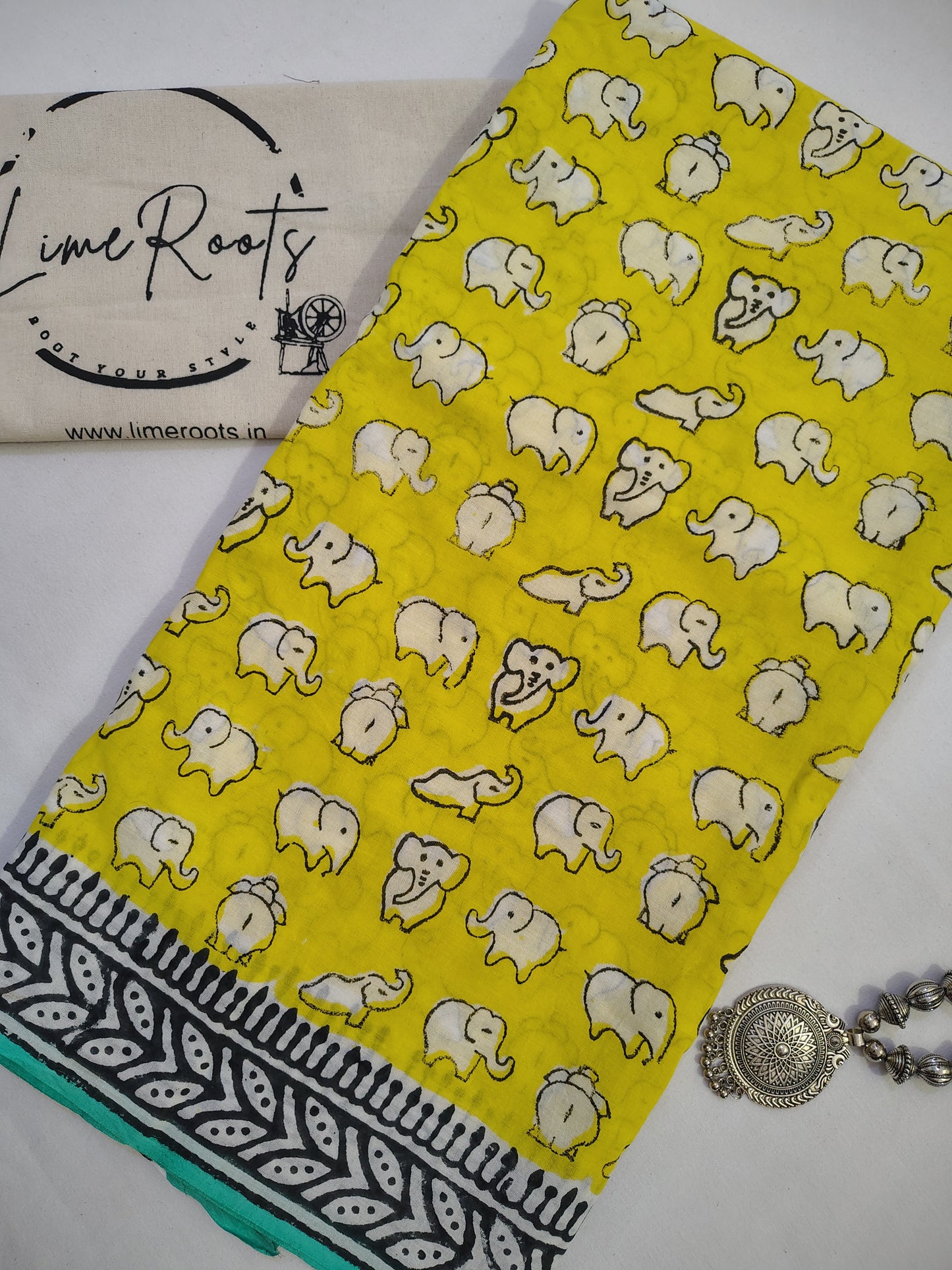 Yellow Pure cotton elephant Handblock printed saree