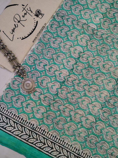 Yellow Pure cotton elephant Handblock printed saree
