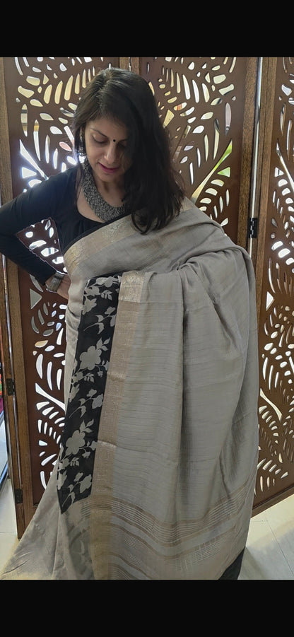 Grey floral Viscose Silk saree