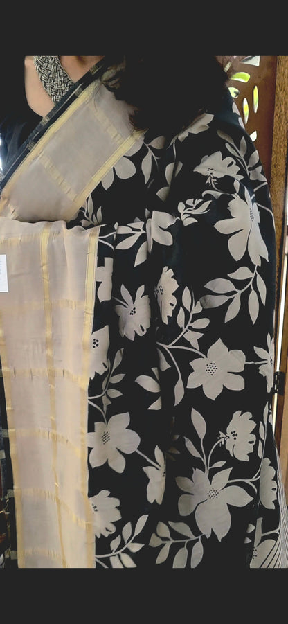 Black floral Viscose Silk saree