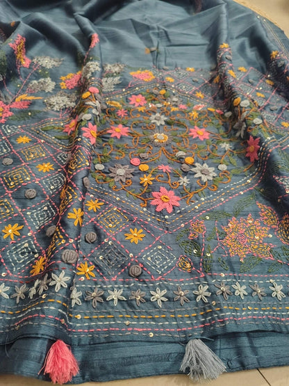 GUCCHA  deep blue Tussar silk saree , Motif view