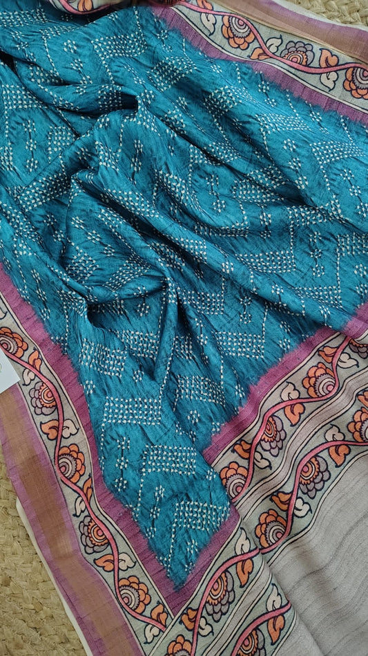 blue Soft semi tussar kalamkari silk