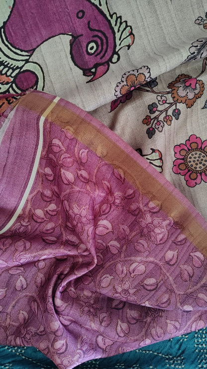 blue Soft semi tussar kalamkari silk