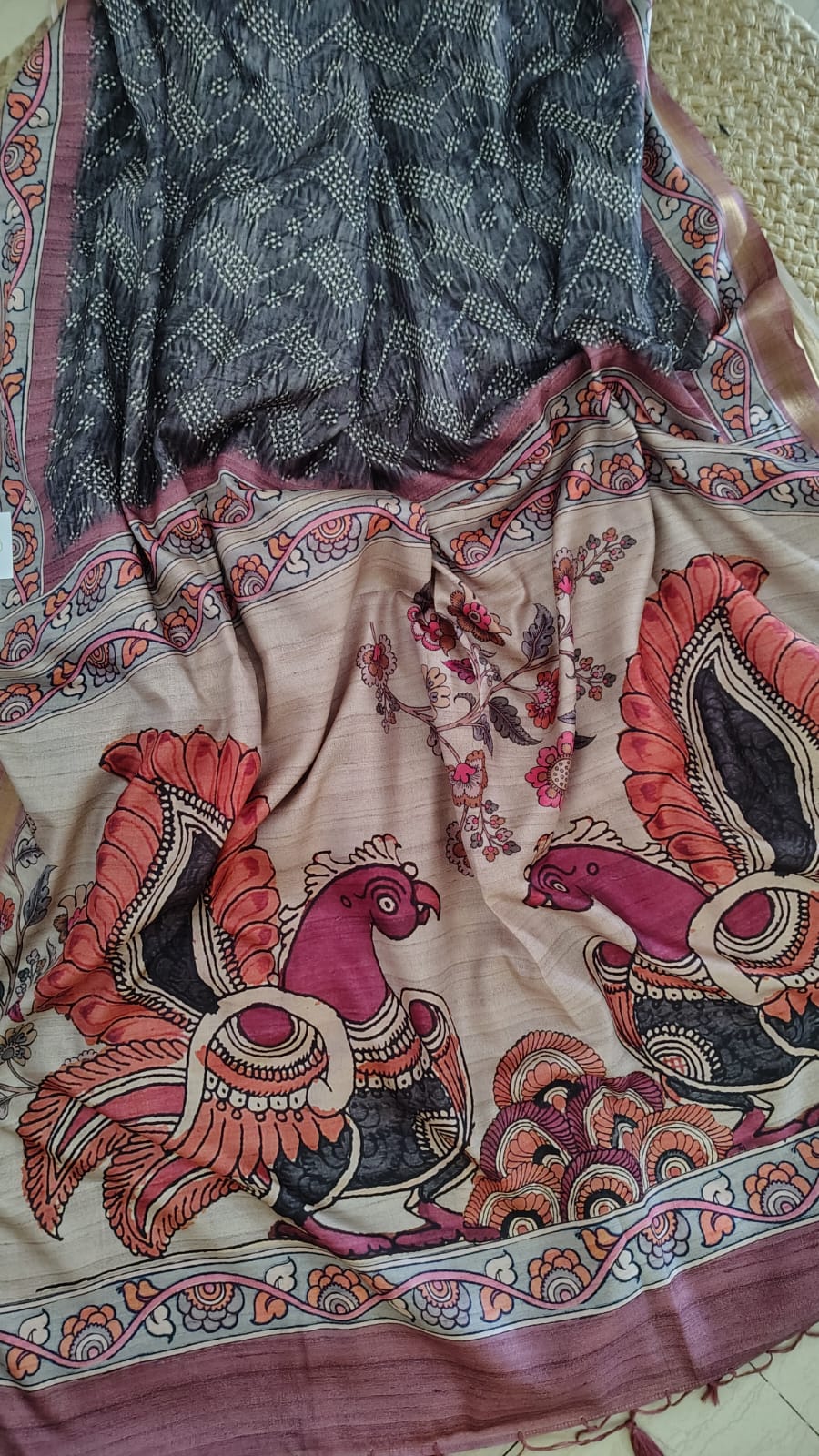 Grey Soft semi tussar kalamkari silk