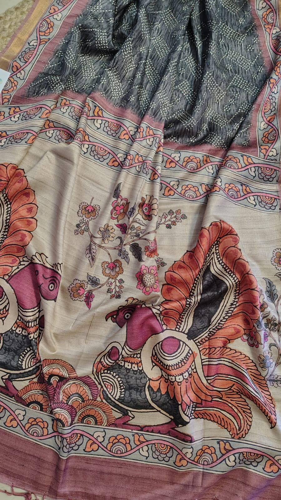 Grey Soft semi tussar kalamkari silk