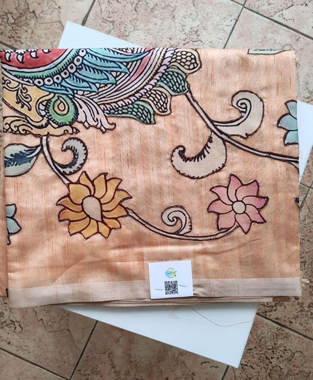 Peach kalamkari applique work Tussar silk saree