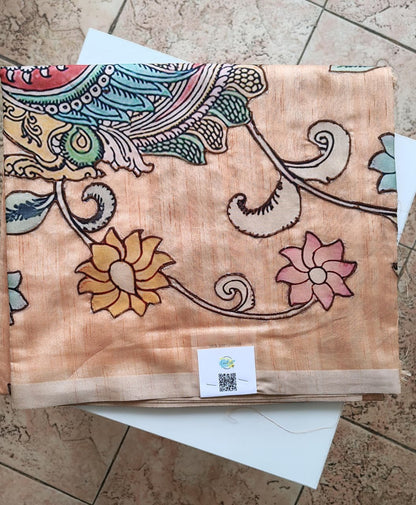Peach kalamkari applique work Tussar silk saree