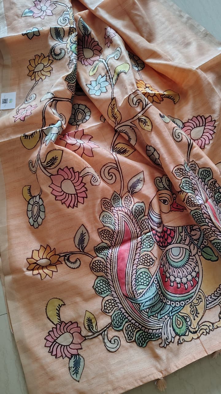 Peach kalamkari applique work Tussar silk saree