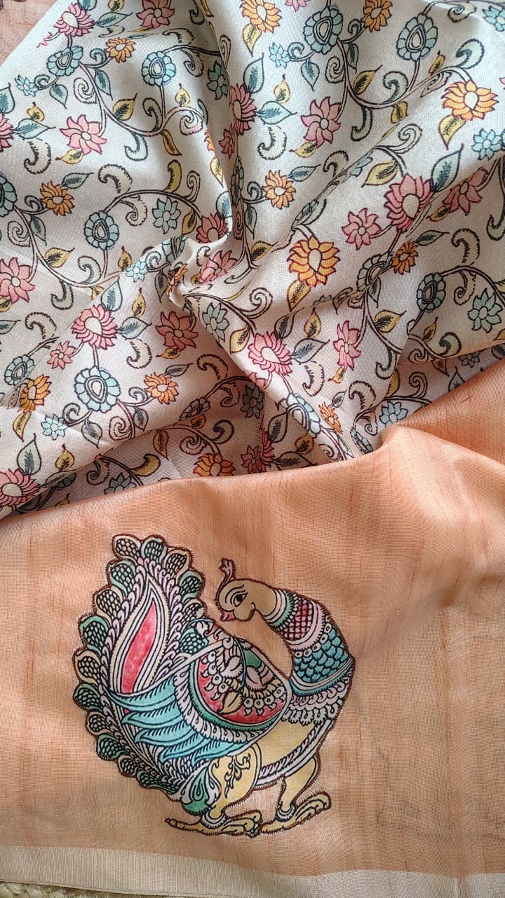 Peach kalamkari applique work Tussar silk saree