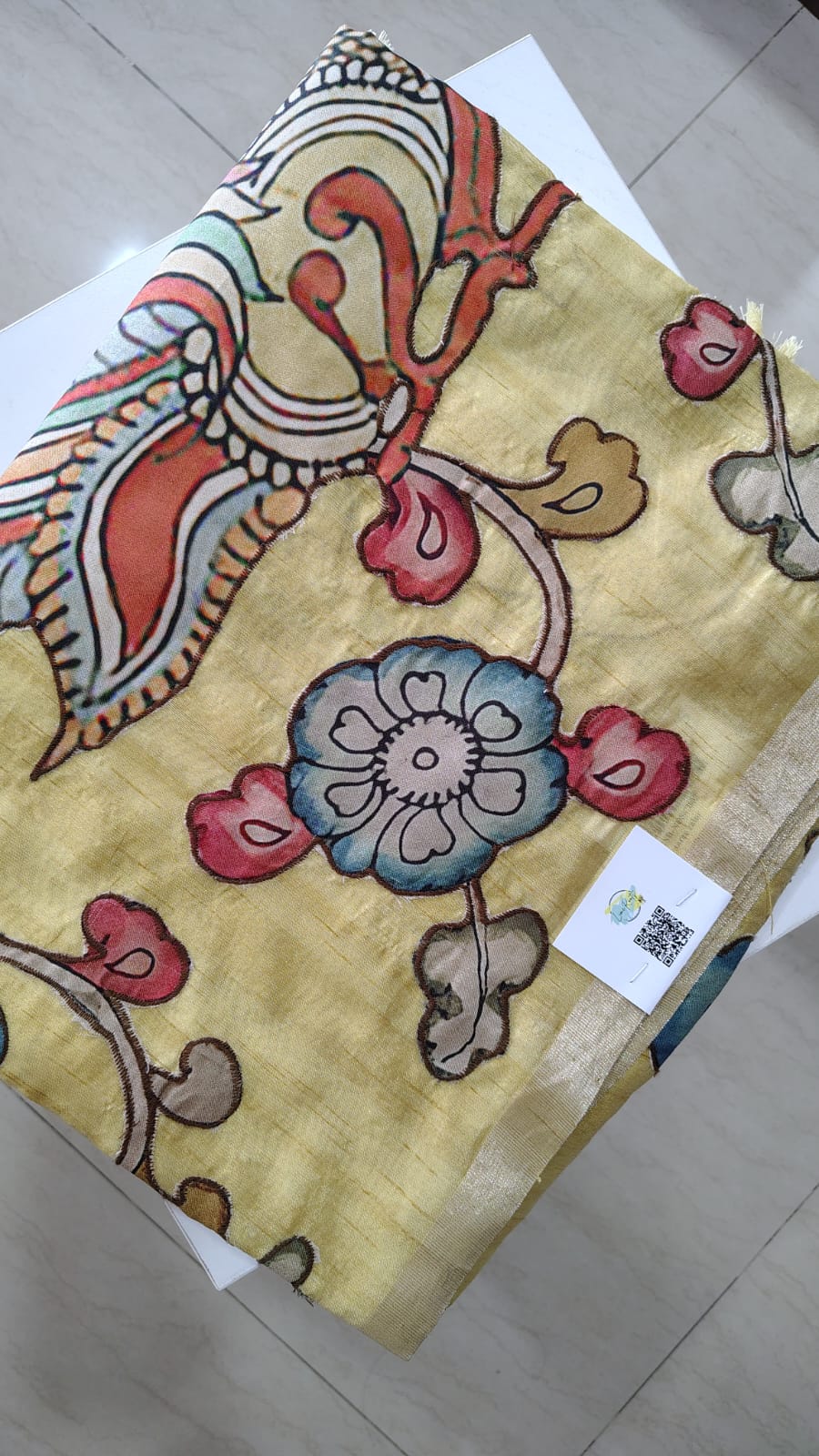 Yellow kalamkari applique work Tussar silk saree