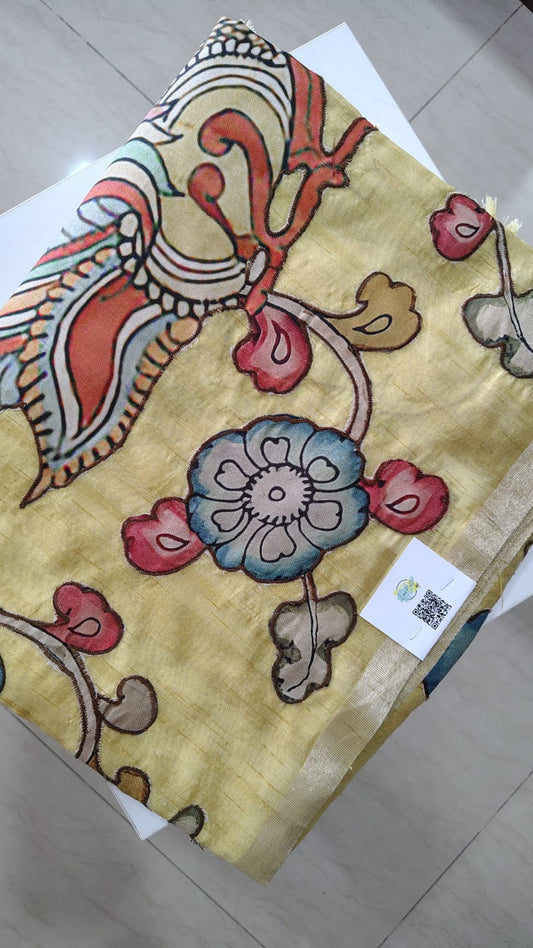 Yellow kalamkari applique work Tussar silk saree