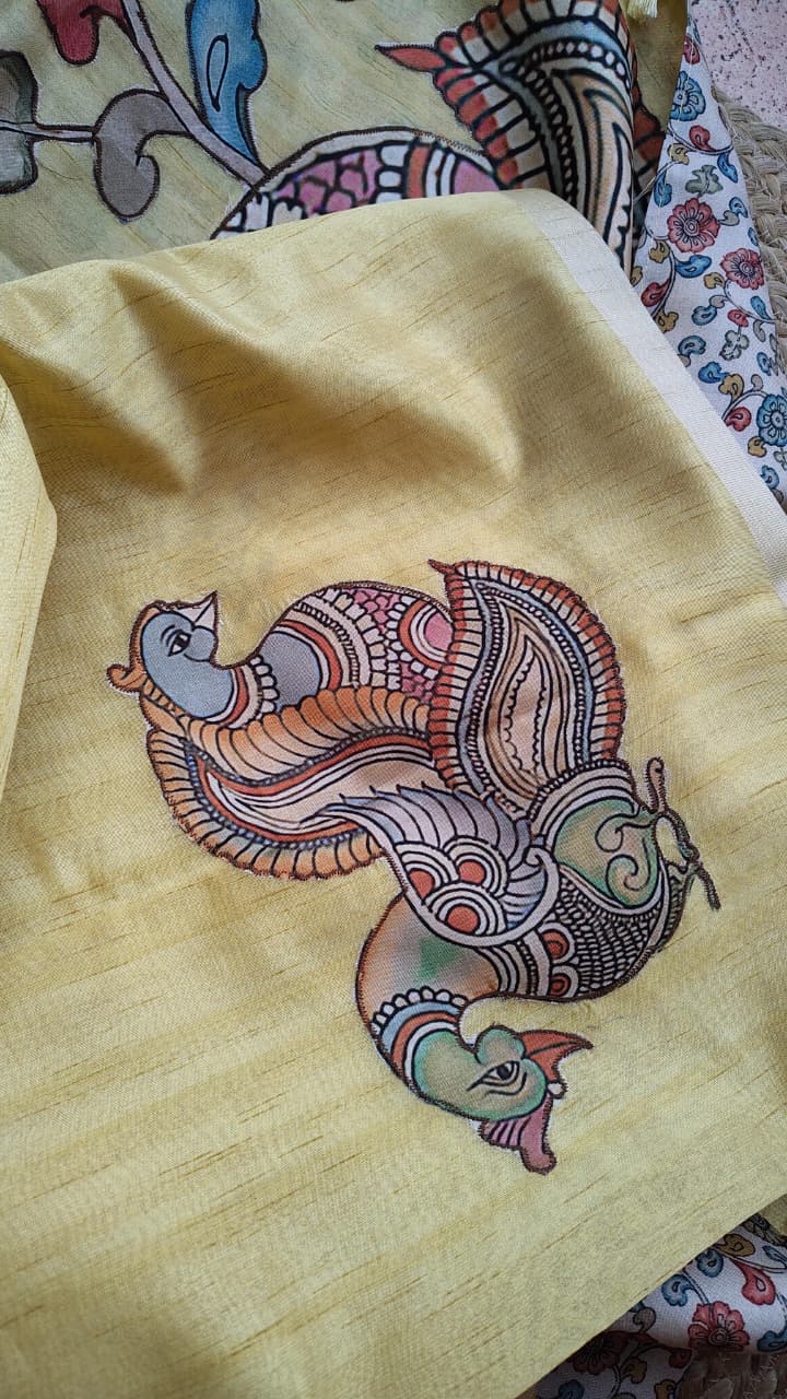 Yellow kalamkari applique work Tussar silk saree