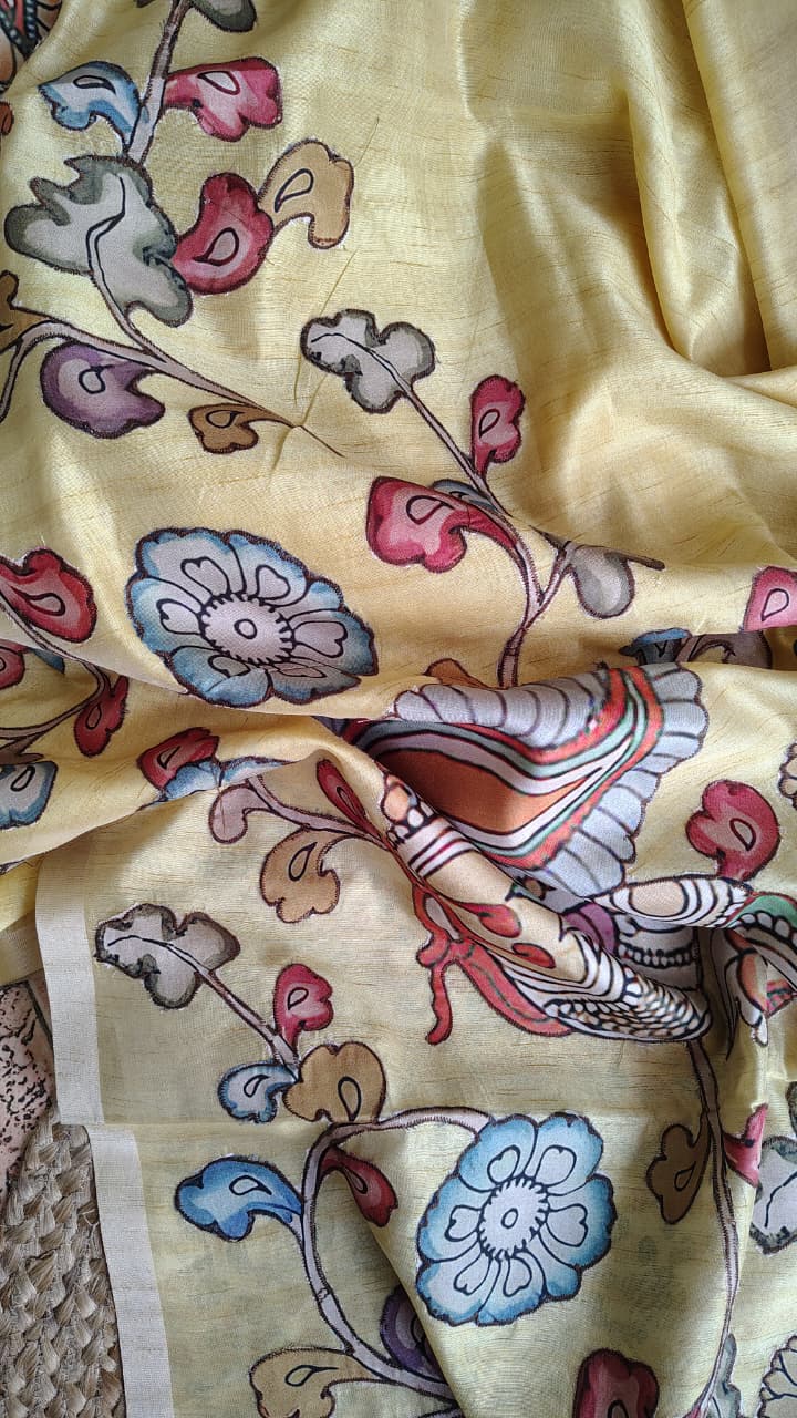 Yellow kalamkari applique work Tussar silk saree