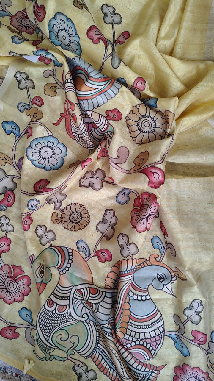 Yellow kalamkari applique work Tussar silk saree