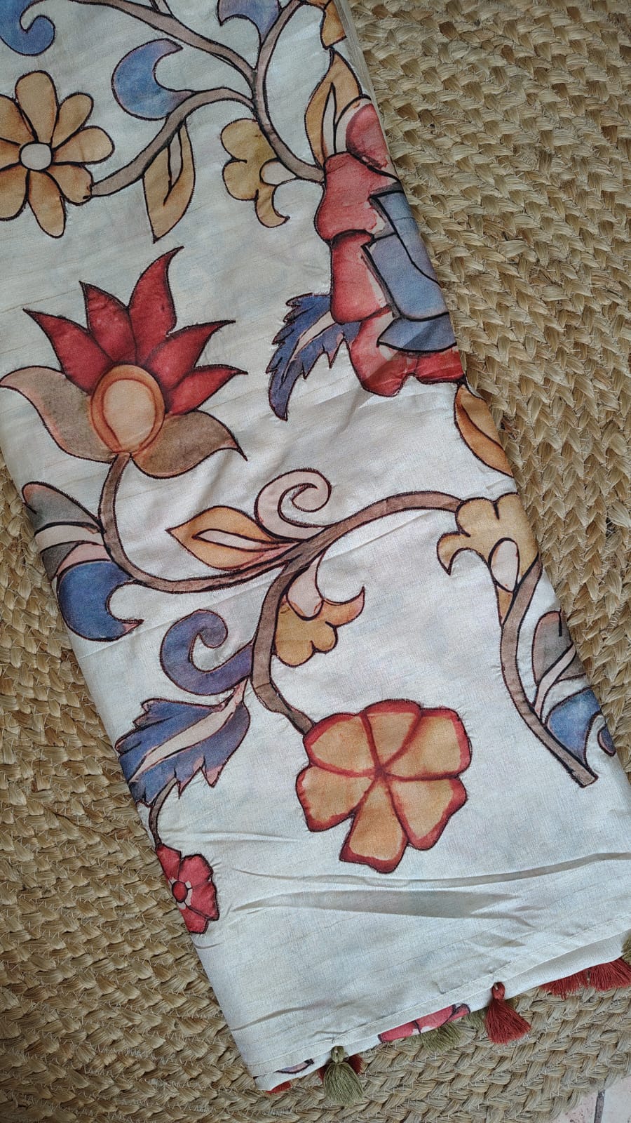 Ivory kalamkari applique work Tussar silk saree