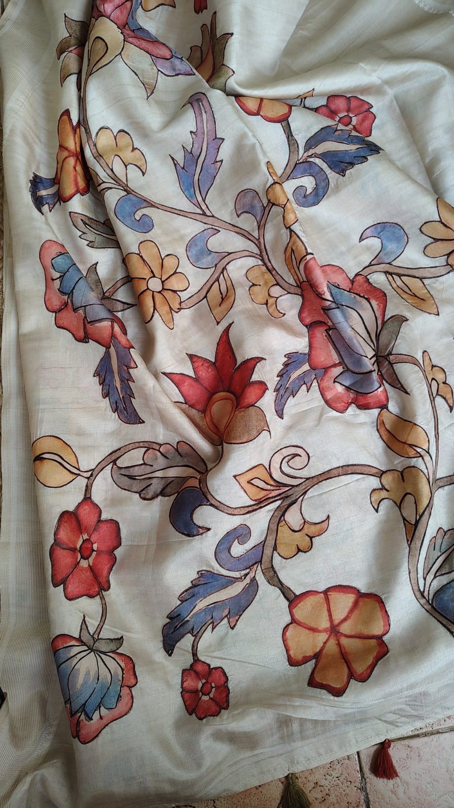 Ivory kalamkari applique work Tussar silk saree