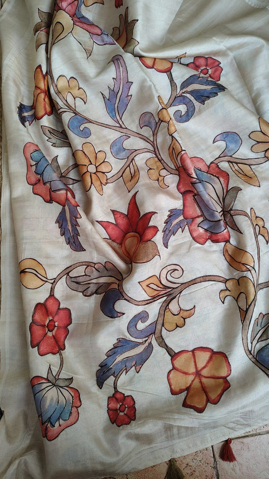 Ivory kalamkari applique work Tussar silk saree