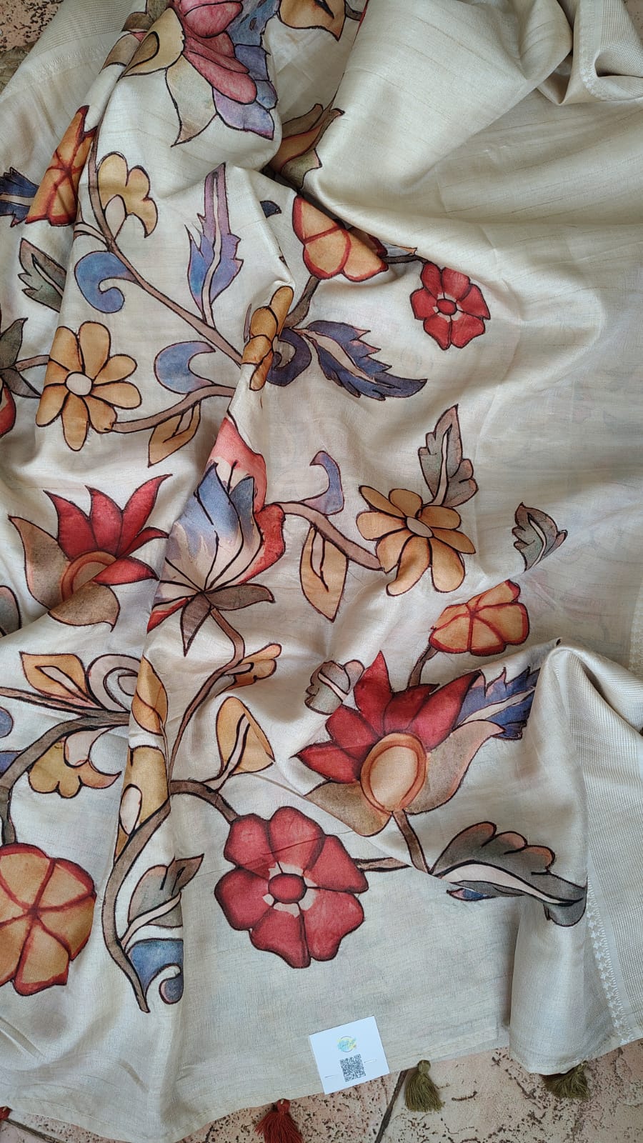 Ivory kalamkari applique work Tussar silk saree