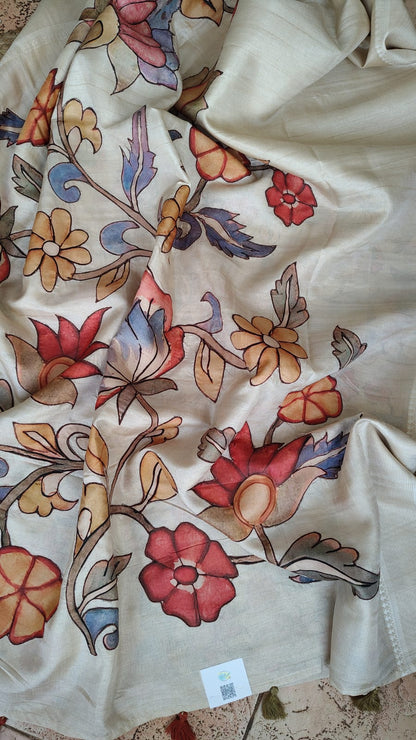 Ivory kalamkari applique work Tussar silk saree