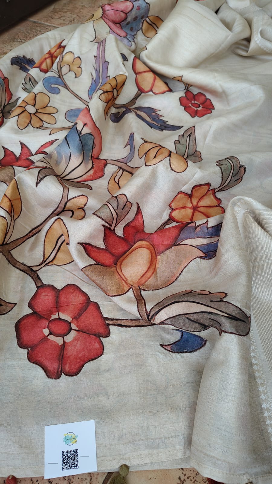 Ivory kalamkari applique work Tussar silk saree