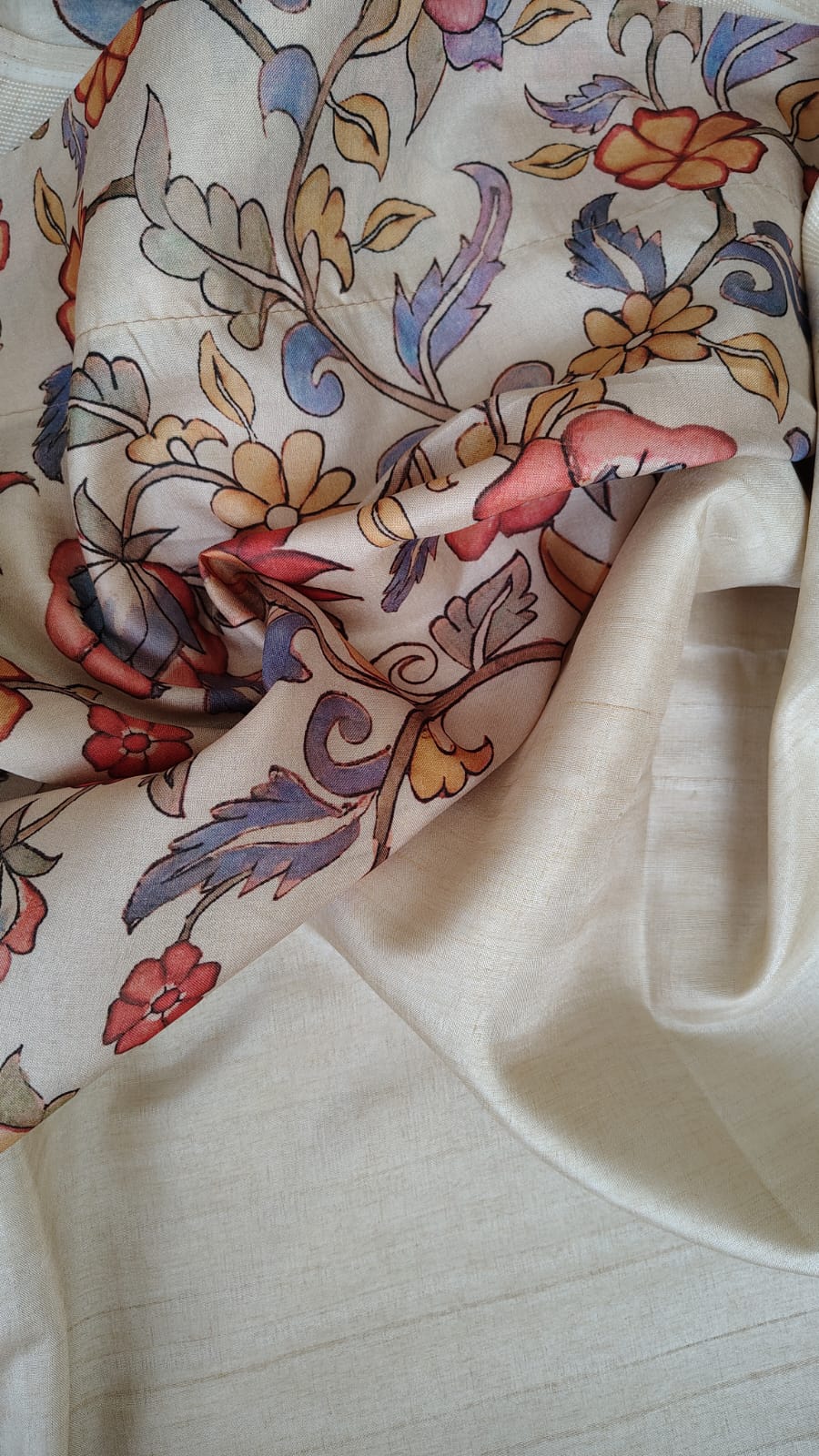 Ivory kalamkari applique work Tussar silk saree