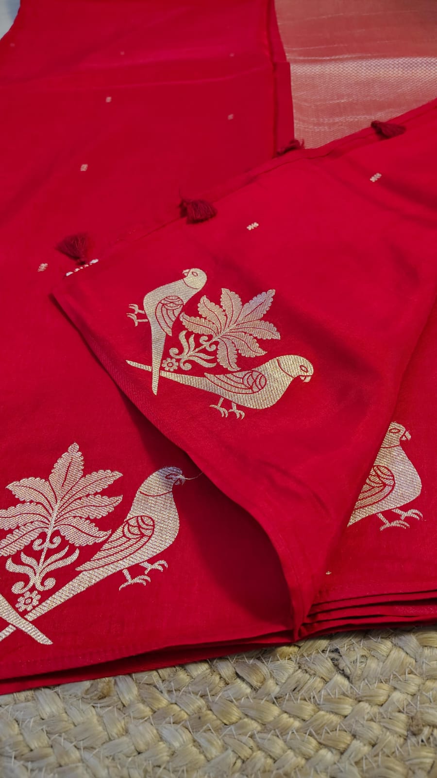 Red Semi Banarasi silk bird weave