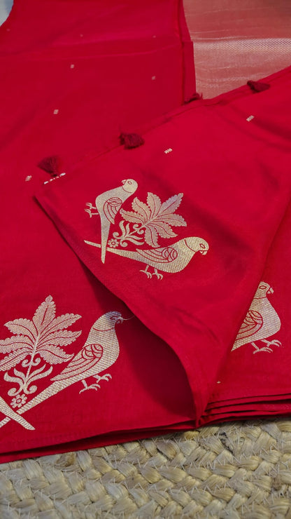 Red Semi Banarasi silk bird weave