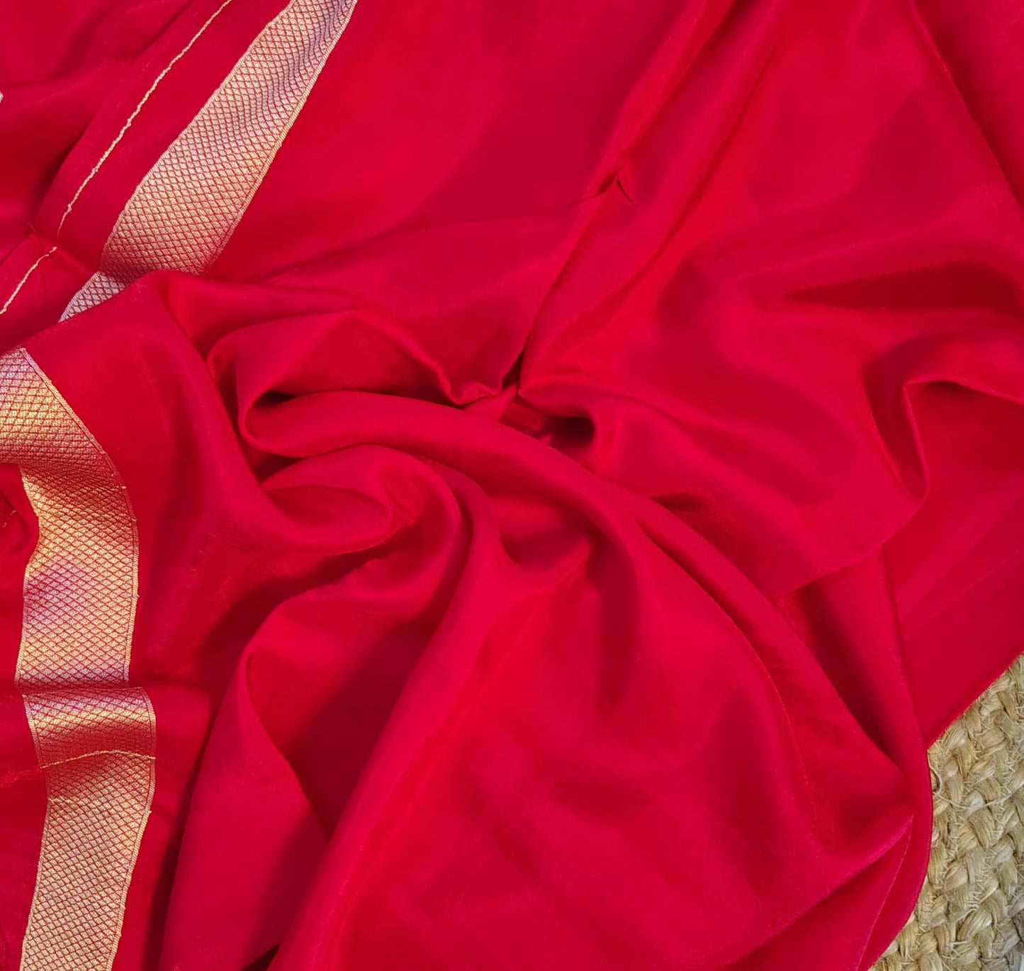 Red Semi Banarasi silk bird weave
