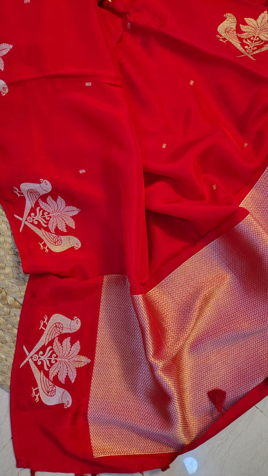Red Semi Banarasi silk bird weave