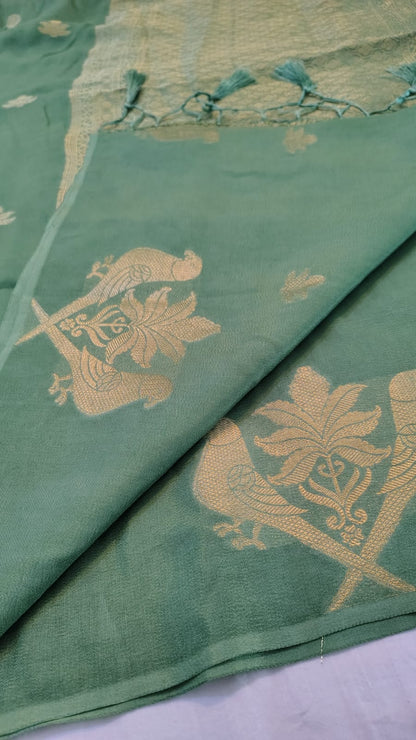 Green Semi Banarasi silk bird weave