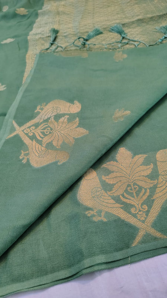 Green Semi Banarasi silk bird weave