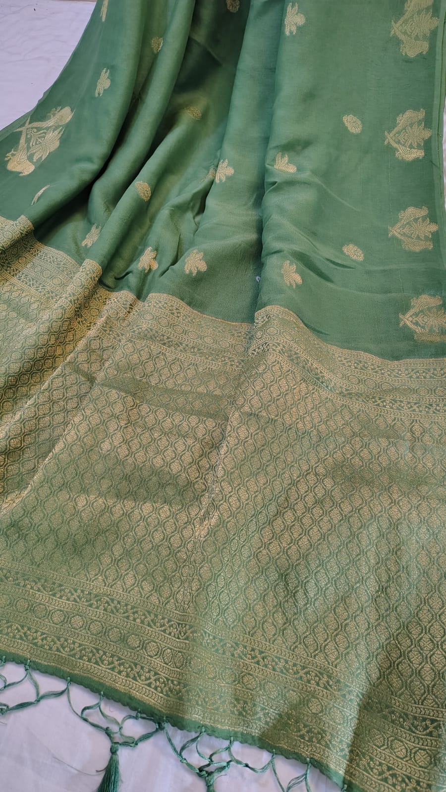 Green Semi Banarasi silk bird weave