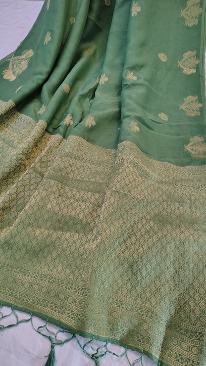 Green Semi Banarasi silk bird weave