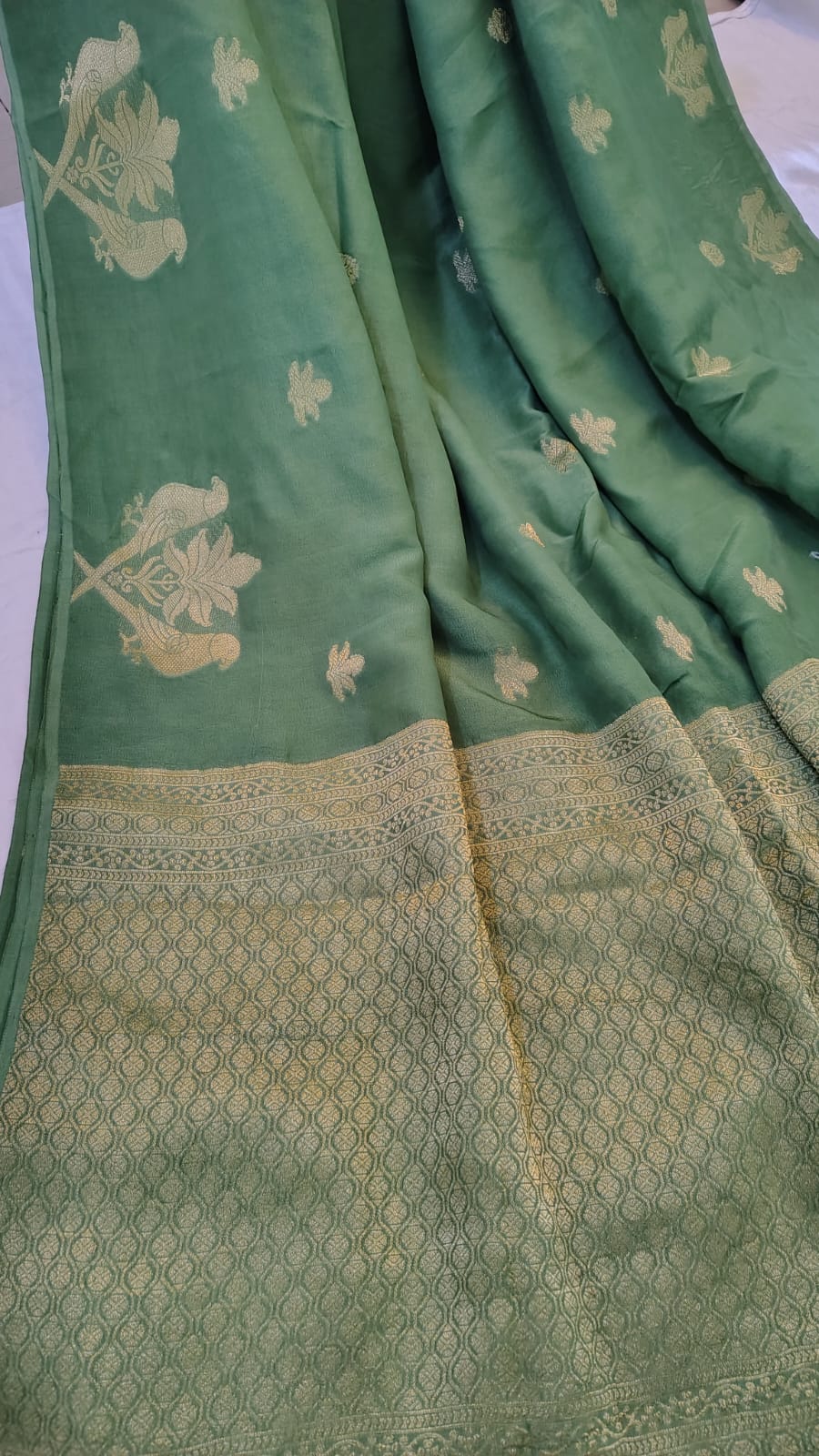 Green Semi Banarasi silk bird weave