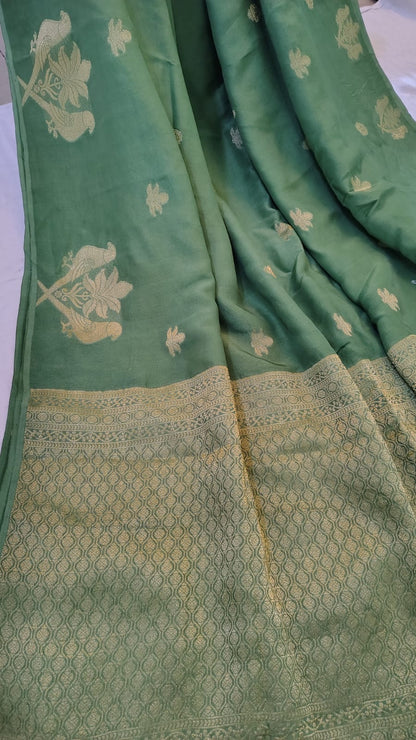 Green Semi Banarasi silk bird weave