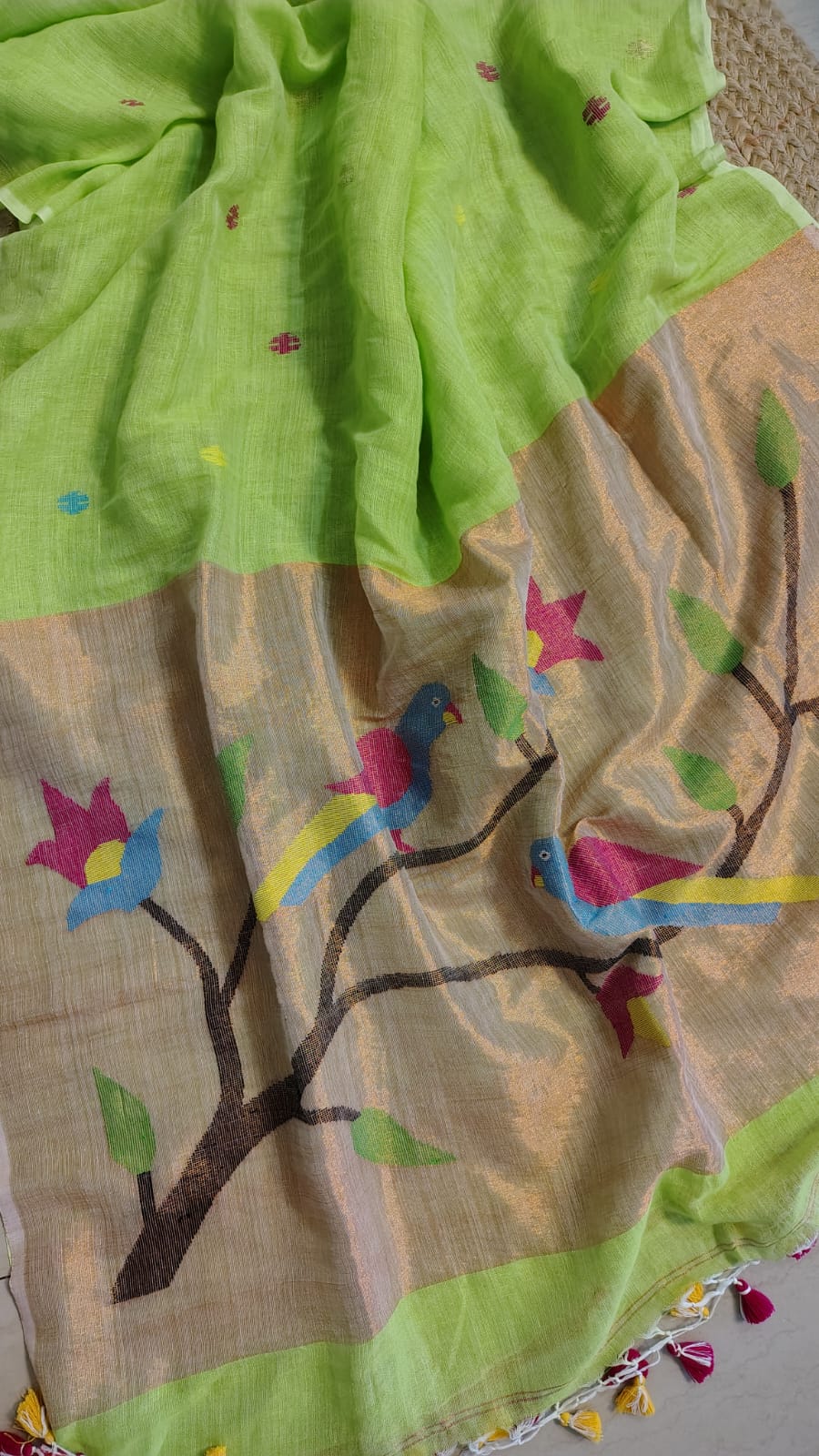 Lime Green Pure Linen tissue Paitani Saree