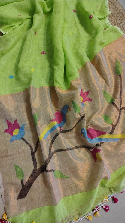 Lime Green Pure Linen tissue Paitani Saree