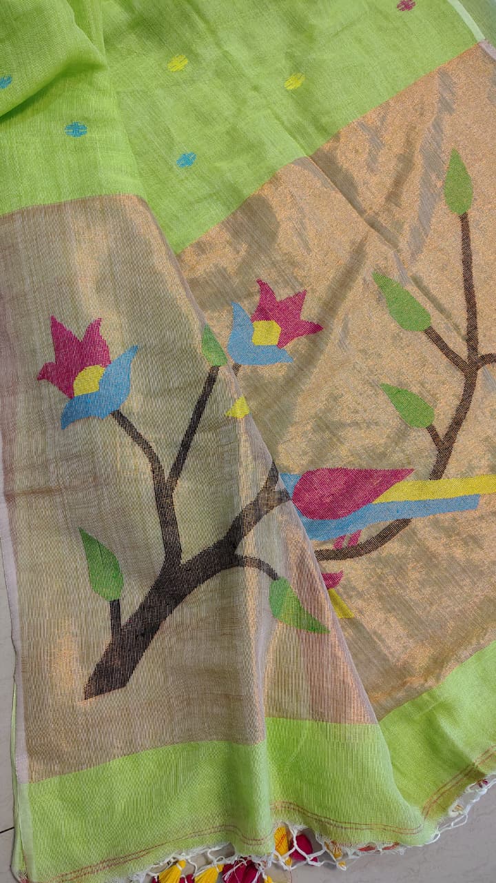 Lime Green Pure Linen tissue Paitani Saree