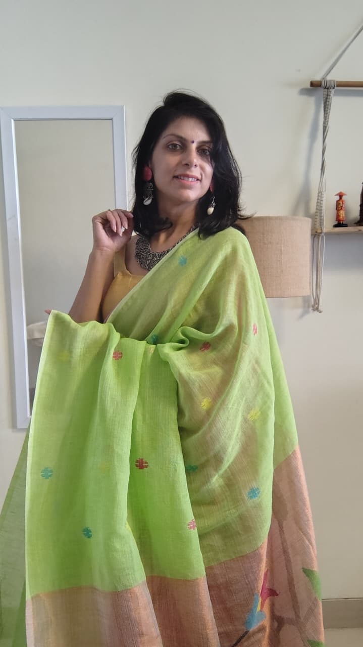 Lime Green Pure Linen tissue Paitani Saree