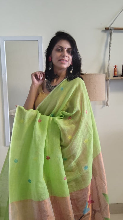 Lime Green Pure Linen tissue Paitani Saree