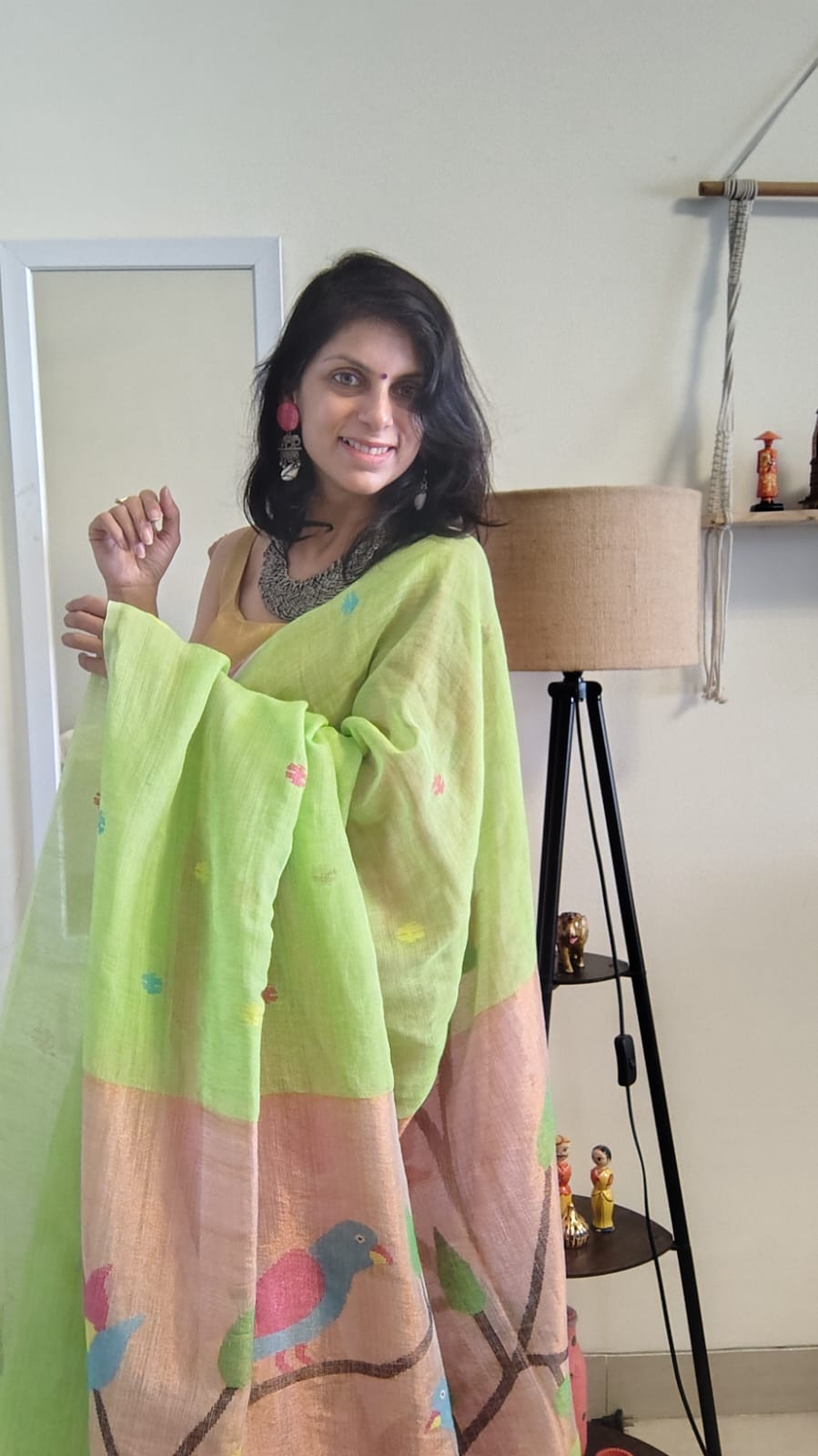 Lime Green Pure Linen tissue Paitani Saree