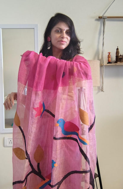 Pink Pure Linen tissue Paithani Saree