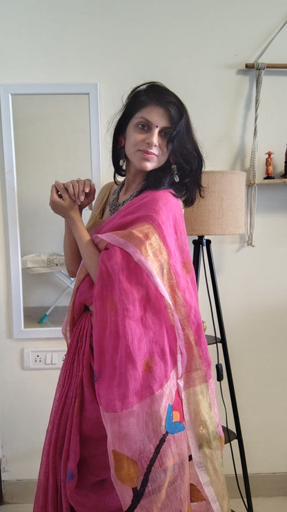 Pink Pure Linen tissue Paithani Saree