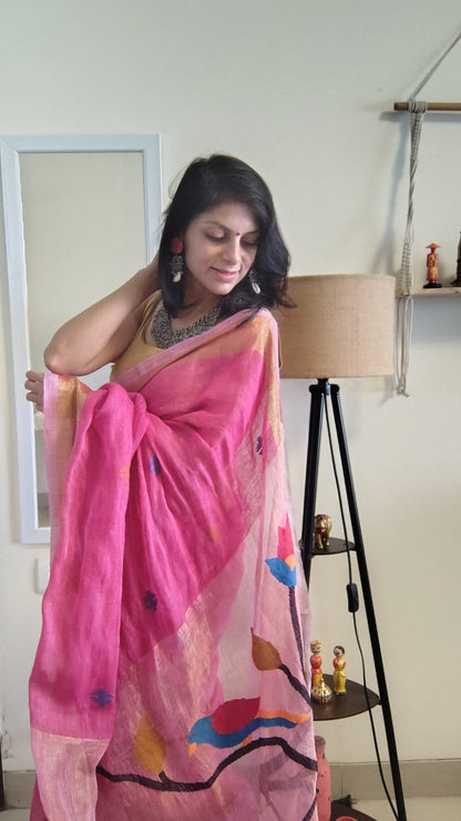 Pink Pure Linen tissue Paithani Saree