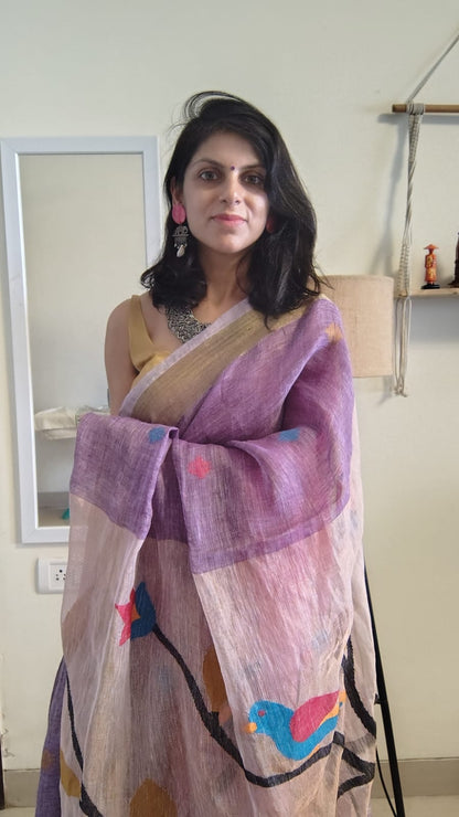 Lavender Pure Linen tissue Paithani Saree