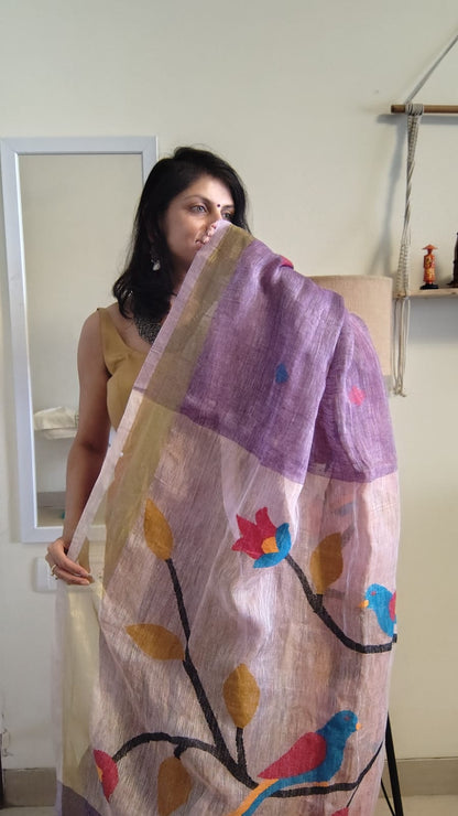 Lavender Pure Linen tissue Paithani Saree